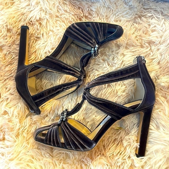 NEW | JIMMY CHOO Krissy 100 Embellished Velvet Sandal Heels Dark Mink | 37 | 6.5 - Picture 3 of 15